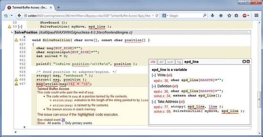 Bild 2: Diese ‚Tainted Buffer Access‘-Warnung zeigt unterstrichen die Auswirkungen(Bild:  Grammatech)