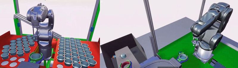 Maschinenmodelle realisieren sowohl die virtuelle Inbetriebnahme als auch den digitalen Zwilling. Das Bild zeigt als Modell, wie ein Roboterarm einen Becher aufnimmt (li.), ihn zum zweiten Roboterarm transportiert, der eine Kugel einlegt (re.), und dann beides auf die Rutsche (mi.) zum Auffangbehälter legt.(Bild:  Mathworks)