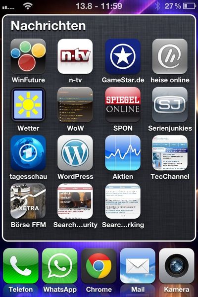 Nach einem Jailbreak lassen sich iPhones auch besser an Bedürfnisse anpassen, zum Beispiel mehr Symbole im unteren Bereich und mehr Einfluss auf Ordner. Das kann die Produktivität von Anwendern deutlich erhöhen, weil sich Icons und Ordner besser anordnen lassen. Unter Android ergeben sich noch zahlreiche weitere Möglichkeiten, beispielsweise die Installation einer effizienteren Custom Firmware. (Archiv: Vogel Business Media)
