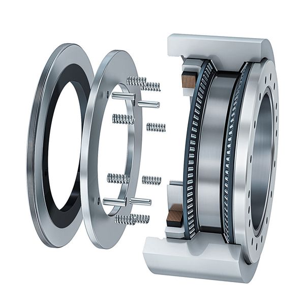 Axial-Schrägrollenlager AXS: Federn drücken die Ankerplatte gegen den Bremsbelag. So wird verhindert, dass sich die Lagereinheit im stromlosen Zustand drehen kann. (Bild: Schaeffler)