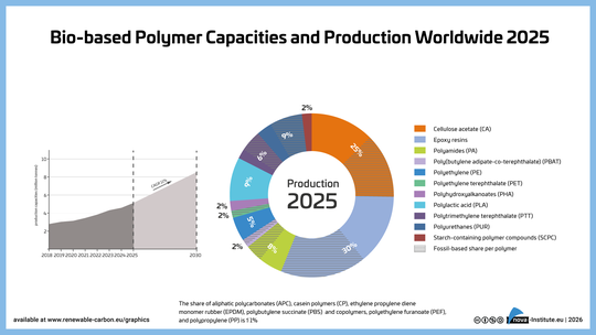 Anteile biobasierter Polymere 2025: Epoxidharze (biobasierter Anteil 45 %) und Celluloseacetat (biobasierter Anteil 50 %) stellen zusammen mehr als die Hälfte der weltweiten Gesamtproduktion.(Bild:  Nova-Institut)