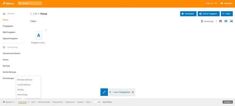 In Strato HiDrive steht Anwendern ein mächtiger Cloud-Speicher zur Verfügung, der auch in der Weboberfläche genutzt werden kann und alle notwendigen Funktionen bietet.  (Bild: Joos)