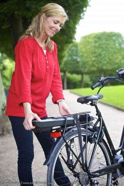 Der Akku lässt sich einfach entnehmen und zum Aufladen mit ins Haus nehmen, auch wenn das Fahrrad vor der Tür bleibt. (www.pd-f.de / koga.com)