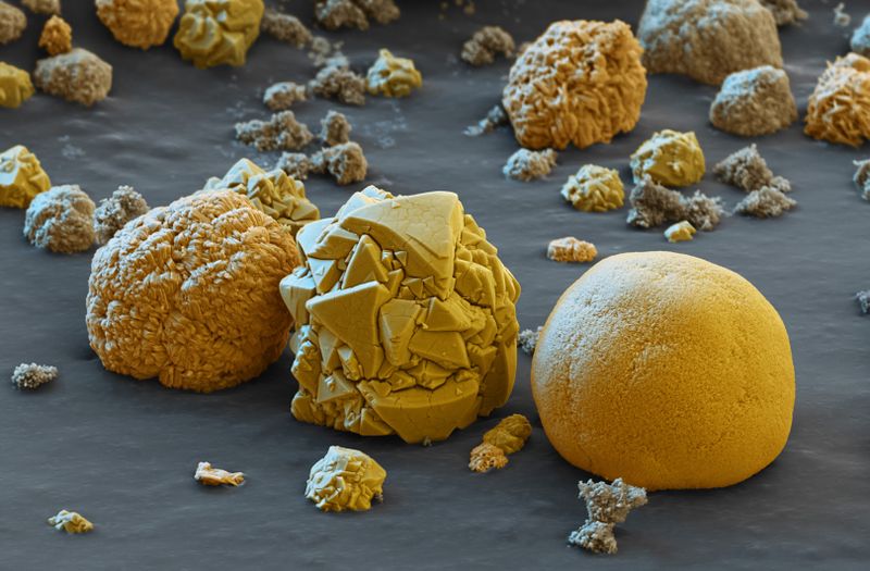 Das Kathodenmaterial für Batterien besteht aus wenigen Mikrometer großen Partikeln und wird bei BASF weiterentwickelt: Kugeln mit einer feineren, größeren Oberfläche (links und rechts) liefern die Energie für Beschleunigungen. Partikel mit grober, kleinerer Oberfläche (Mitte) sind dichter gepackt und sorgen für eine hohe Reichweite. Vergrößerung 6.400:1 (bei 12cm Bildbreite).  (Bild: BASF)