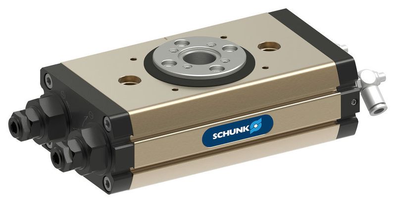 Die neue pneumatische Hochleistungsschwenkeinheit Schunk SRM punktet mit einer Kombination aus hohen Drehmomenten und hohen Massenträgheitsmomenten bei kurzen Schwenkzeiten, einer großen Mittenbohrung für die Durchführung von Pneumatikleitungen, robuster Lagerung und zugleich schlanker Störkontur. Neuartige Dämpfer und spezielle Kolbendichtungen sowie eine Viton-/FKM-Abdichtung bilden die Grundlage für hohe Leistung und Robustheit. Eine sowohl in achsialer als auch in radialer Richtung spielfrei vorgespannte Lagerung ermöglicht die Aufnahme besonders hoher Momente und Querkräfte. Auf der Motek zu sehen in Halle 7, Stand 7218. (Schunk)