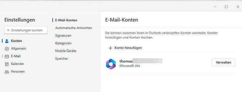 Die Einstellungen des neuen Outlooks sind aktuell noch eher rudimentär, es lassen sich aber mehrere Konten hinzufügen. (Bild: Joos - Microsoft)