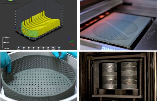 Bild 4: Digitalisierte Produktionskette für Brennkörben aus siliziuminfiltriertem Siliziumcarbid (SiSiC). Links oben, die schnelle Bauteilsegmentierung und -packung im Bauraum. Rechts oben, der Zeit- und ressourceneffiziente Druck mittels Binder Jetting. Links unten, die Montage der Grünsegmente vor der Ofenbehandlung zur Infiltration. Rechts unten, die fertig infiltrierten und dabei zusammengefügten Körbe im Pyrolyseofen.(Bild:  Fraunhofer-ISC)
