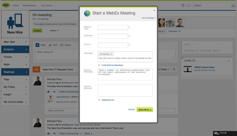 Teilnehmer für ein WebEx-Meeting können direkt aus tibbr eingeladen werden. Selbiges gilt für Google Hangouts oder Skype-Sitzungen. Zusätzlich erlaubt tibbr auch die zeitliche Planung von Online-Konferenzen. (Bild: Tibco Software)