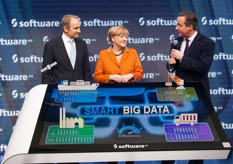 Cebit-Rundgang: Karl-Heinz Streibich, Vorstandsvorsitzender der Software AG, empfängt Bundeskanzlerin Angela Merkel und Premierminister David Cameron auf dem Messestand (v.l.n.r.). (Marc Fippel/Software AG)