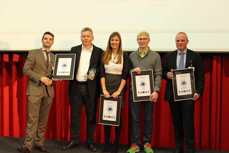 Laudator, Gewinner und Nominierte (v.l.): Robert Schindler, Medienhaus Verlag GmbH, Uwe Suhl, Interboden Innovative Lebenswelten, Julia Wegeler, n-tv Nachrichtenfernsehen GmbH, Henning Jaeger, NuBON GmbH & Co. KG, Norman Hübner, Seven Principles AG (Vogel IT-Medien)