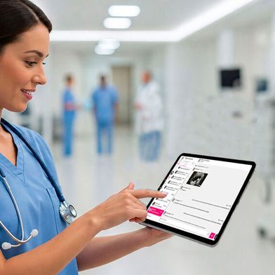 Der TI-Messenger der Telekom bietet eine offene Schnittstelle für KI- und Botsysteme und verarbeitet die Daten in der T-Cloud. (Bild: © Deutsche Telekom/ Montage: Thomas Duckheim)