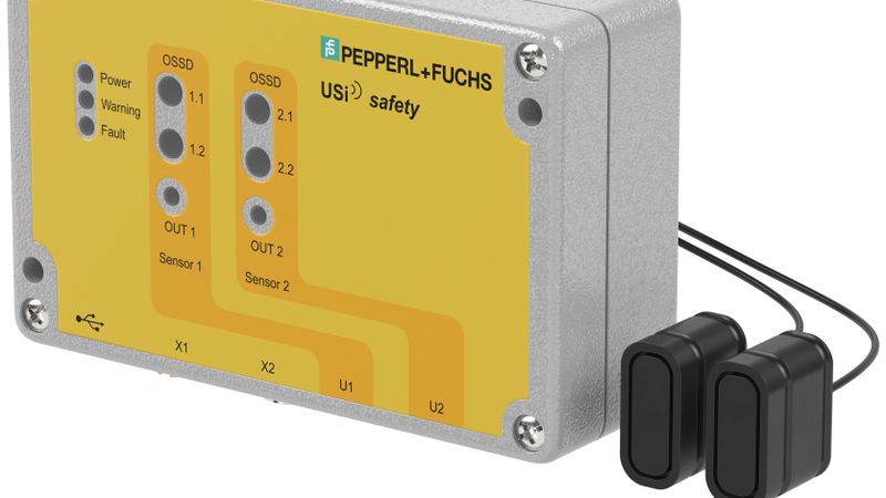 Das Sensorsystem USi-Safety umfasst zwei Ultraschallwandler zum Anschluss an zwei unabhängige Kanäle, die jeweils EN ISO 13849 Kategprie 3 PL d erfüllen.(Bild:  Pepperl+Fuchs)