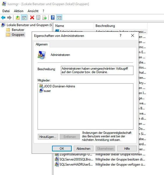 Überprüfen der Gruppenmitgliedschaft der lokalen Administrator-Gruppen. (Joos)