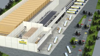 Nach Fertigstellung und Inbetriebnahme im Frühjahr 2016 sollen in dem 24.000 m² großen Getränkelager täglich bis zu 160.000 Getränkekisten mit Voll- und Leergut umgeschlagen werden. (Bild: SSI Schäfer)