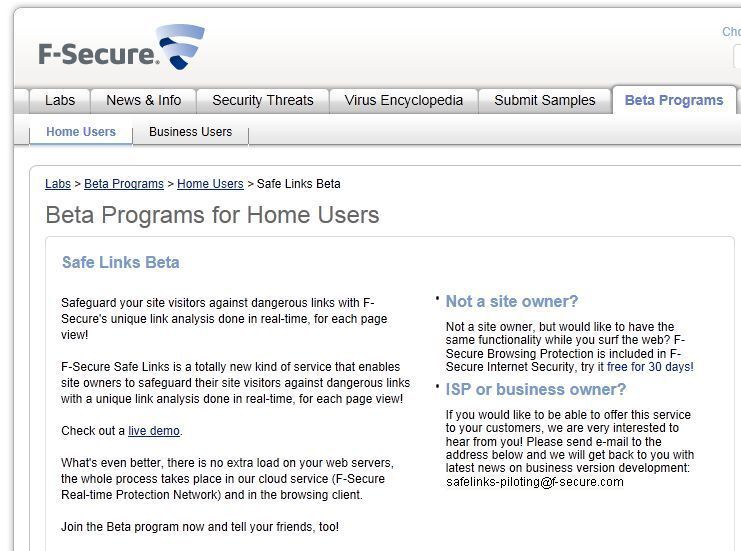 Die Kurzinformation zum Beta-Programm von F-Secure Safe Links. (Archiv: Vogel Business Media)