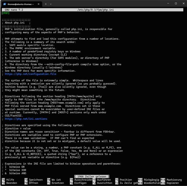 Öffnen der Datei „/etc/php/8.3/fpm/php.ini“ im Editor zur gezielten Anpassung serverseitiger PHP-FPM-Parameter. (Bild: Joos - Nextcloud)