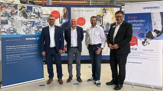 Schunk Intec und Gressel legen künftig ihren Spanntechnik-Verkauf in der Schweiz zusammen: (v.L.) Martin Kluge, GF Schunk Intec, Markus Lau, Vertriebsleiter Gressel, Matthias Zünd, Verkaufsleiter Schweiz Gressel & Schunk Spanntechnik und Jörg Maier, GF Gressel. (Gressel)