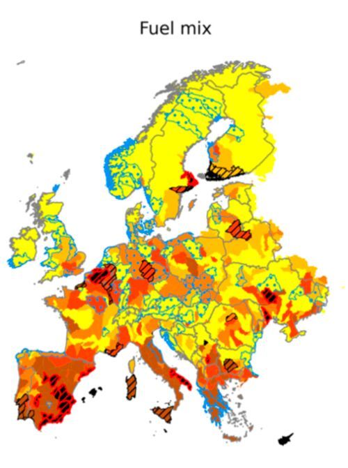 Map of a simulated risk of water stress in 2050 where hydrogen is used in transport and industry. Baseline risk (regardless of hydrogen use) is represented by the background color in each area. Dashed areas show water use exceeding available resources due to hydrogen production. Blue dots show areas where the risk of water stress increases by more than 50 percent in the simulation.(Source:  Chalmers University of Technology / Joel Löfving)