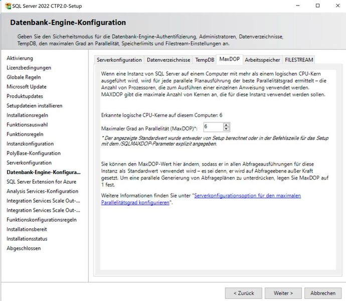 Steuern der Datenbankkonfiguration eines neuen Datenbankservers mit SQL Server 2022. Hier lassen sich auch die CPU-Kerne zuweisen. (Bild: Joos (Screenshot))