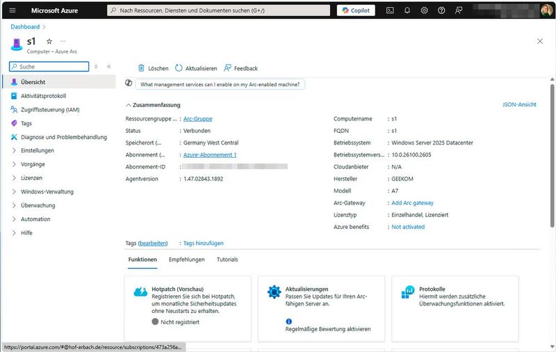Verwalten der angebundenen Server im Azure-Portal und Aktivieren der verschiedenen Azure-Funktionen für die Server. (Bild: Joos - Microsoft)