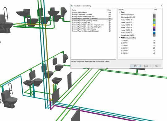 (Mit dem neuen Visualisierungsfilter für Rohrnetz-Dimensionen lassen sich Leitungssysteme leichter analysieren. Bild: Graphisoft)