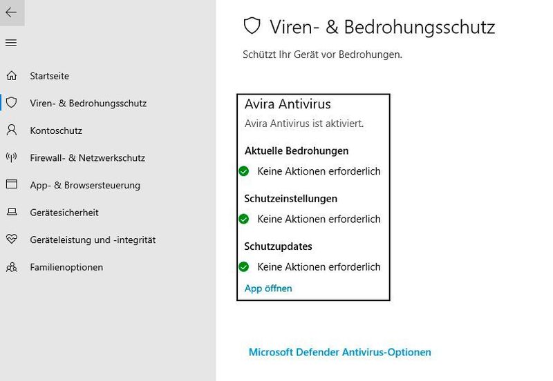Avira Free Security bindet sich auch in die Microsoft Sicherheits-App ein. (Joos)