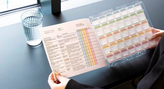 Die Blister-Karte des neuen Knapp-Systems besteht aus einnahmefertigen Behältern. Enthalten sind auch patientenindividuelle Anweisungen zur Einnahme der Medikamente.(Bild:  Knapp)