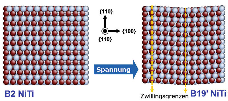 So ändert sich die atomare Anordnung in einem Nickel-Titan-(NiTi-)Material, wenn eine äussere Spannung angelegt wird. Die ursprüngliche B2-NiTi-Phase (linkes Bild) verändert sich dabei zu einer sogenannten B19’-NiTi-Phase (rechtes Bild), die sich durch Zwillingsgrenzen auszeichnet. Die Zwillinge (jeweils links und rechts der Zwillingsgrenze) können ineinander durch Spiegelung überführt werden. (Bild: MPIE)