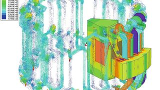 Simulation einer Klauenpolmaschine: Zu sehen sind die Flussdichte in den Eisenteilen und die Stromdichten in der Wicklung. (Cadfem)