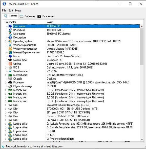 Nach dem Start zeigt Free PC Audit auf der Registerkarte „System“ einen Überblick zum Computer an. Dazu gehören Name, IP-Adresse und installierte Windows-Version. (Joos)