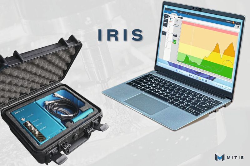 Outil IRIS pour le contrôle vibratoire des broches : accéléromètres à embases aimantées, tachymètre laser longue portée, carte d'acquisition multivoies, application de mesure et de diagnostic. (Source : Mitis)