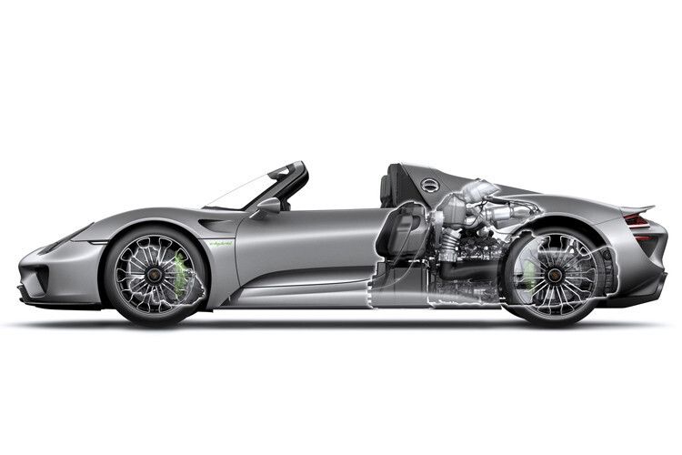 Das heiße Herz des 918 Spyder ist bärenstarke V8-Benziner im Rücken der Passagiere, zwei E-Motoren vorn und hinten ergänzen den Antriebsstrang. (Foto: Porsche)