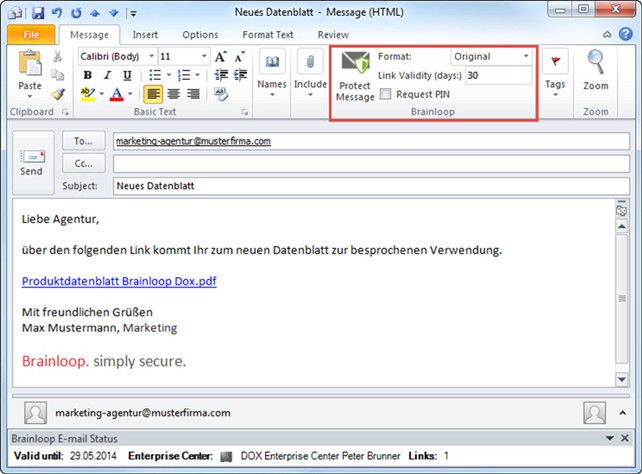 Sicherer Versand: E-Mail-Empfänger erhalten nur einen Link auf die sichere Ablage des gewünschten Dokuments in der Brainloop Cloud. (Bild: Brainloop)