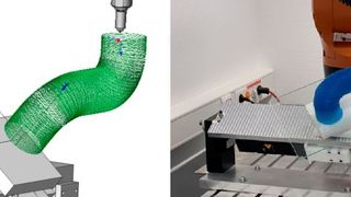 Links wird die Programmierung der Kontur mittels Slicer Software gezeigt, während rechts der Roboter das Teil in 8 Achsen druckt. Hierbei kommen alle 6 Roboterachsen sowie 2 Drehachsen zum Einsatz.  (Datentechnik Reitz GmbH & Co. KG)