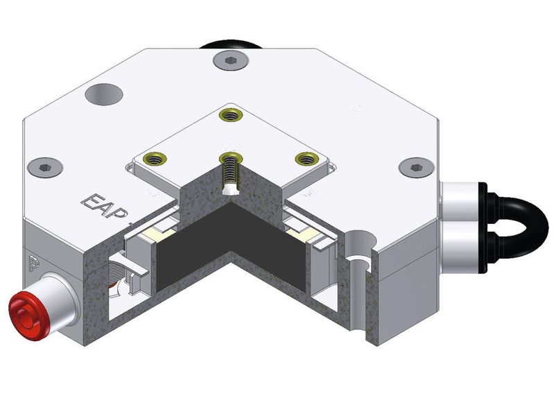 Schnittdarstellung der aktiven Isolationseinheit mit 100 DE-Schichten. (Bild: Fraunhofer LBF)