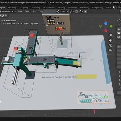 Bild 1: 3D-Modellierungssoftware Blender mit dem integrierten Bauteilekatalog von MHJ-Software (links), dem Aufbau einer virtuellen Anlage im Konstruktionsbereich (zentral) sowie dem speziell entwickelten Plugin zur Skill-Konfiguration (rechts).  (Bild: MHJ-Software)