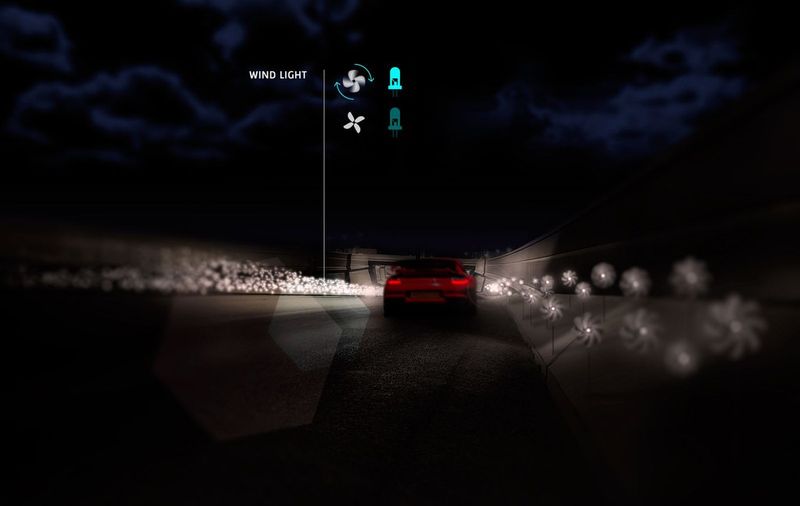 Wind Light: kleine Windturbinen entlang des Smart Highway nutzen die Verwirbelungen durch die Autos zur Stromerzeugung (Foto: Studio Roosegaarde & Heijmans)