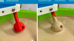 Hier sieht man, wie ein per Fused Layer Building (FLM) hergestelltes Kunststoffteil am SKZ in Würzburg in einen sogenannten keramischen Schlicker getaucht wird. Diese Hülle wird später hart und hilft dabei, die mechanischen Eigenschaften des Teils zu verbessern ... (Bild: SKZ / Dr. A. Stein)