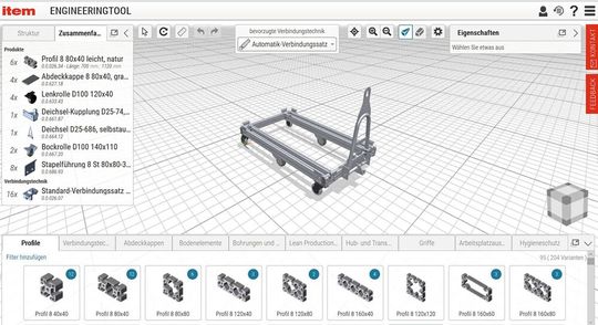 Mit dem Item-Engineeringtool sind nur wenige Schritte nötig, um einen Rahmen mit Lenk- und Bockrollen, Kupplung, Deichsel und Stapelführung zum Transport von Europaletten zu konstruieren.(Bild:  Item)