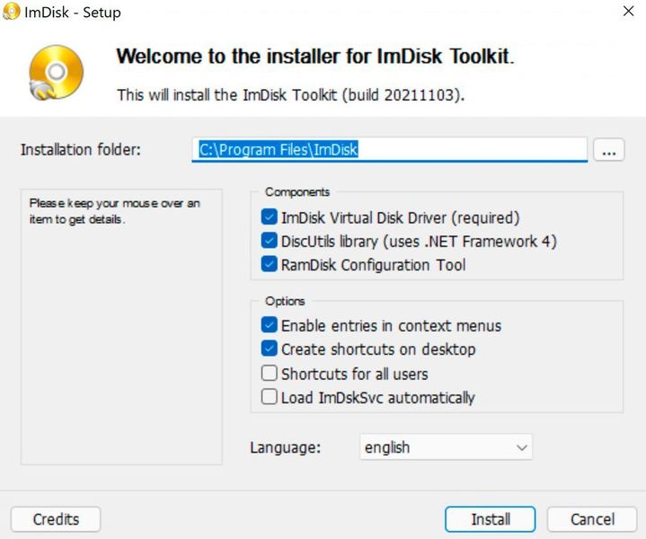 ImDisk installieren und Einstellungen vorgeben. (Joos/ImDisk (Screenshot))