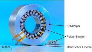 Bild 3: Aufbau eines neuartigen tubularen Peltier-Moduls für den Einbau in zylindrische Strukturen auf Basis von Peltier-Streifen statt -Prismen. (Bild: Fraunhofer IPM)