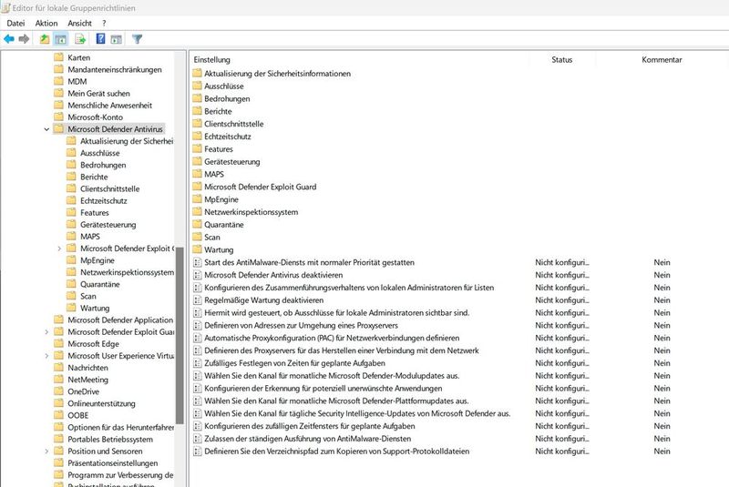 Gruppenrichtlinien in Windows 10 und Windows 11 für Microsoft Defender anpassen. (Bild: Joos)
