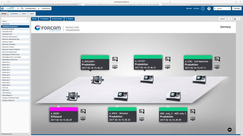 IT 4.0 bietet Echtzeit-Informationen für jede Maschine am Computer und visualisiert diese nutzerfreundlich – wie im Bild in einem frei konfigurierbaren Fabrikhallen-Layout. (Bild: Forcam)