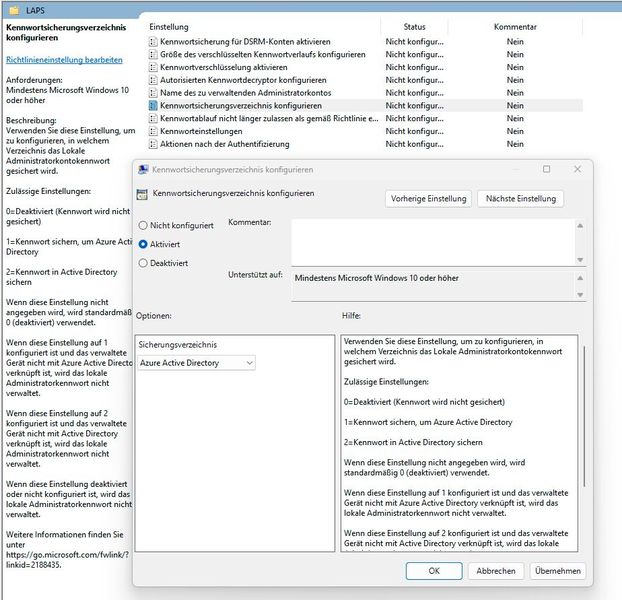 Anpassen der Einstellungen für den Schutz von Kennwörtern mit LAPS in den Gruppenrichtlinien. (Bild: Microsoft / Joos)