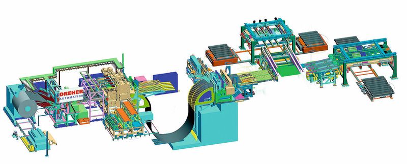 Das Layout der gesamten Platinenschnittanlage mit (v.l.) Coilabwickler, Bandzuführung, Richtmaschine, Platinenschneid- und -stapelanlage. (Bild: Dreher)