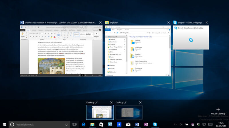 Windows 10 bietet nun auch virtuelle Desktops. Sie sind in den neuen Task-Switcher integriert. (Bild: VIT)