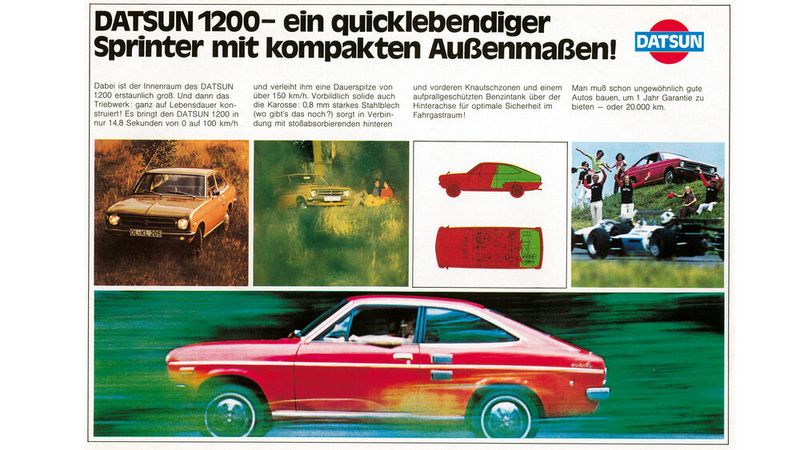 Preiswerte Volumenmodelle à la Sunny und Bluebird attackierten unter den Vertriebsnamen Datsun 1200 und 1600 die deutschen Platzhirsche Opel Ascona, Ford Taunus und VW 1600. (Bild: Nissan)