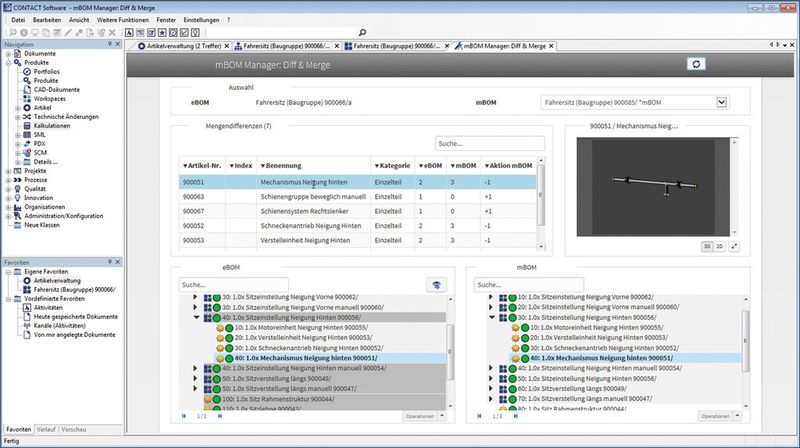 mBOM Manager: Bei der Synchronisation von Konstruktions- und Fertigungsstückliste werden Unterschiede im Kontext der gesamten Fertigungsstückliste visualisiert. (Bild: Contact)