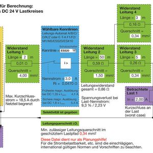Programm zur Selektivitätsberechnung von DC24V-Steuerstromkreisen (Bild 1a): Absicherung mit elektronischem Schutzschalter ESS20, Nennstrom 3A
