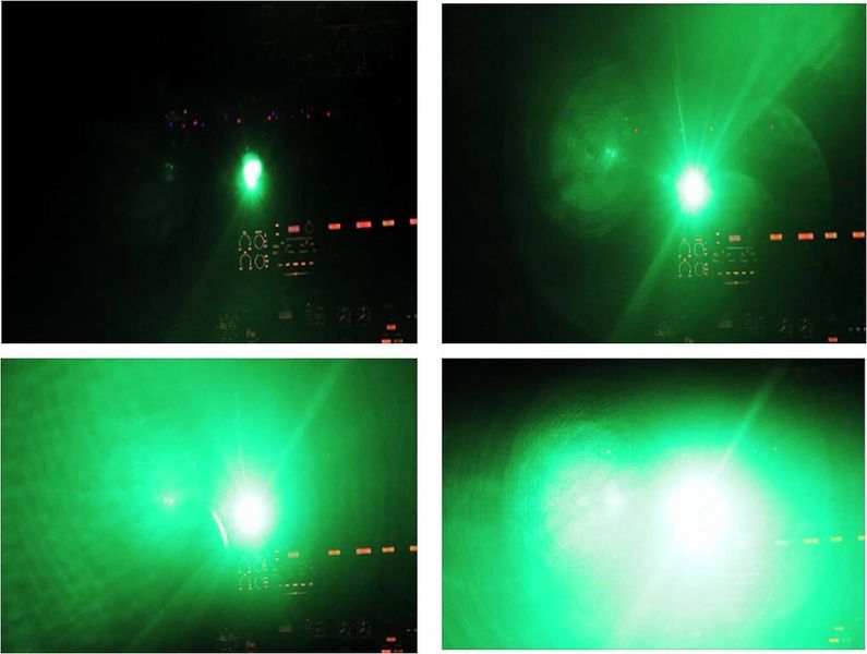 Blendungseindruck durch einen Laserstrahl (Wellenlänge 532 nm) bei einer Bestrahlungsstärke (Leistungsdichte) von etwa 1,3 W/qm = 130 ?W/qcm entsprechend einer Laserstrahlleistung von etwa 50 ?W bei unterschiedlichen Einfallswinkeln und Expositionsdauern. (Bild: FH Köln)